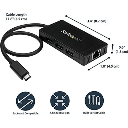 StarTech 3-Port USB-C Hub with Gigabit Ethernet and 3X USB-A, 5Gbps, TAA | Built-in 30cm USB-C cable, 3x USB-A, Fully powered connected devices, Desktop placement, Small footprint
