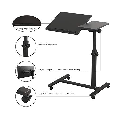 TigerDad Overbed Bedside Desk Mobile Rolling Laptop Stand Tilting Overbed Table with Wheels Height Adjustable Tray Table for Laptop Bed Sofa Side Table, Home & Hospital Use (Black) - color: Black