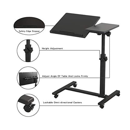 TigerDad Overbed Bedside Desk Mobile Rolling Laptop Stand Tilting Overbed Table with Wheels Height Adjustable Tray Table for Laptop Bed Sofa Side Table, Home & Hospital Use (Black) - color: Black