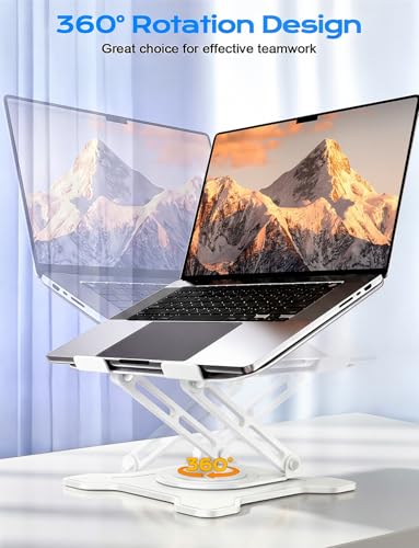 JCZT 360° Rotating Laptop Stand for Desk, Metal Foldable Laptop Riser White | Ergonomic Portable Adjustable Laptop Stand, Ventilated Cooling Notebook Holder for MacBook Air Pro, All 10-16'' Laptops - color: White