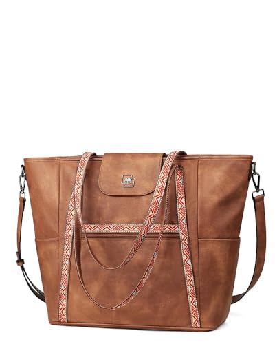 Large Laptop Tote Bag for Women Designer Leather Laptop Bag, 15.6in | Fashion Travel Backpack Purse Shoulder Handbag Fits 15.6 Laptop, Daily, Work, Business Trip, Weekend Travel, Teacher - color: 1 Brown Retro Style