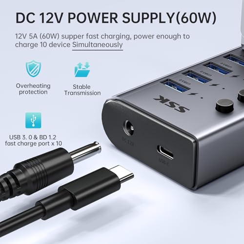 SSK 10 Port Powered USB 3.0 Hub, 60W USB Charging Hub USB Extender Hub | Simultaneous Fast Charge,5Gbps Data Transmission,Individual Switches,DC 12V5A Power Adapter,3.96ft/1.2m Cable,Aluminium