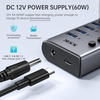 SSK 10 Port Powered USB 3.0 Hub, 60W USB Charging Hub USB Extender Hub | Simultaneous Fast Charge,5Gbps Data Transmission,Individual Switches,DC 12V5A Power Adapter,3.96ft/1.2m Cable,Aluminium