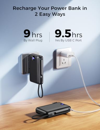 Portable Charger Power Bank 50000mAh Massive Capacity, Built-in Wall Plug USB-C & iOS Cables, 22.5W Fast Charging Battery Pack with LED Display, Travel Essential for Camping, iPhone, Samsung Black