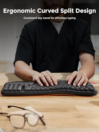 DAREU Wireless Ergonomic Keyboard,Ergo Keyboard with Cushioned Wrist & Palm Rest,2.4GHz / BT Ergonomic Wave Keys Computer Keyboard,3 Multi-Device Connectivity for Laptop,Mac,Windows - Black