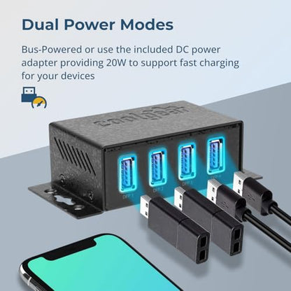 Coolgear 3.2 Gen 1 USB Hub - 4 Port USB Hub with 5Gbps Data Transfers, Mountable Metal Housing, 5V Power Adapter, ESD Surge Protection, Bus or Self Powered