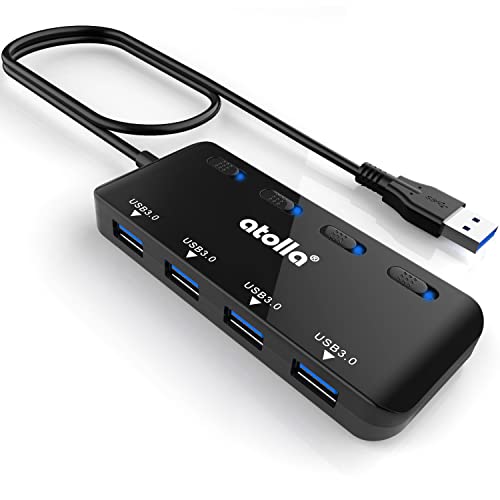 USB Hub, 4-Port USB 3.0 Hub Splitter with 2 ft Extended Cable, Ultra Slim Data USB Extender with Individual Power Switches and LED - size: 2 FT