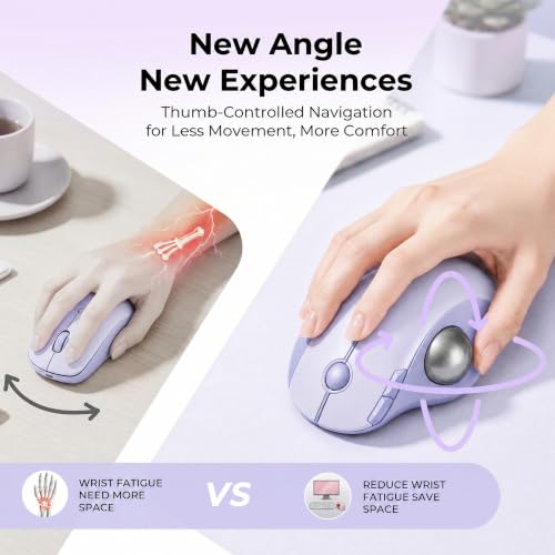 seenda Wireless Trackball Mouse, Ergonomic Bluetooth Mouse,Light Purple | USB-C rechargeable, 3-device Bluetooth+2.4G USB, thumb control, 5-level DPI and space-saving comfort for laptop, PC and Mac. - color: Light Purple