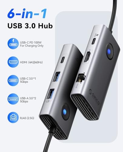 ORICO USB C Docking Station, 6-in-1 Laptop Docking Station with HDMI 4K@60Hz, 2.5G Ethernet, 100W PD, USB-A&C 3.0, USB C Dock Compatible with MackBook/Dell XPS/HP/Surface - size: 6-in-1, style: PW11-6PC25R