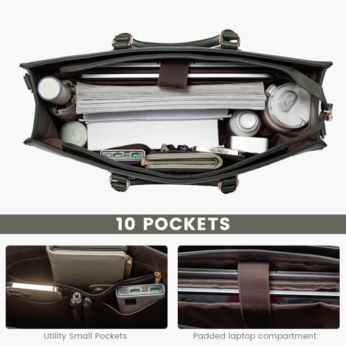 LOVEVOOK Laptop Bag for Women,17 lnch Waterproof Lightweight Leather Tote Bag,Professional Business Office Work Bags with Clutch Purse,Large Capacity Computer Shoulder Handbag,Green-Green-White - color: Army Green - Grass Grey Green - Beige White(leather)