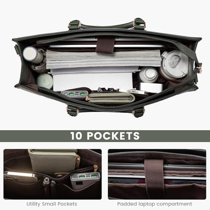 LOVEVOOK Laptop Bag for Women,17 lnch Waterproof Lightweight Leather Tote Bag,Professional Business Office Work Bags with Clutch Purse,Large Capacity Computer Shoulder Handbag,Green-Green-White - color: Army Green - Grass Grey Green - Beige White(leather)
