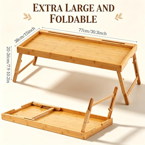 Bamboo Bed Tray Table with Adjustable Height Extra Large Breakfast Food Tray with Folding Legs, Media Slot & Handle, 30.3 x 15 Inch Laptop Desk for Eating, Working, Sofa, Couch, Bed