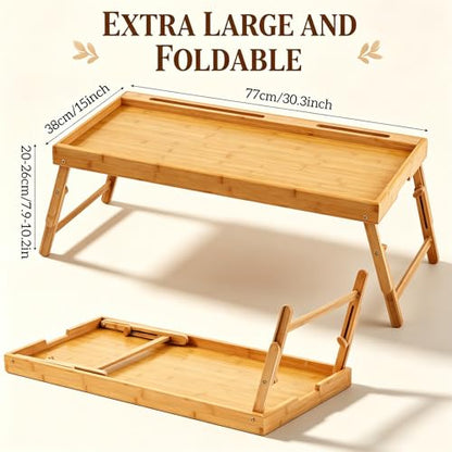 Bamboo Bed Tray Table with Adjustable Height Extra Large Breakfast Food Tray with Folding Legs, Media Slot & Handle, 30.3 x 15 Inch Laptop Desk for Eating, Working, Sofa, Couch, Bed