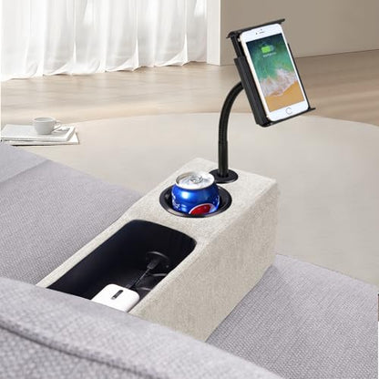 Multifunctional Sofa Armrest, Couch Armrest with Wireless Charge Stand, Removable Couch Caddy with Storage,Including LED Reading Light - color: Almond, size: Fabric-1 CUP