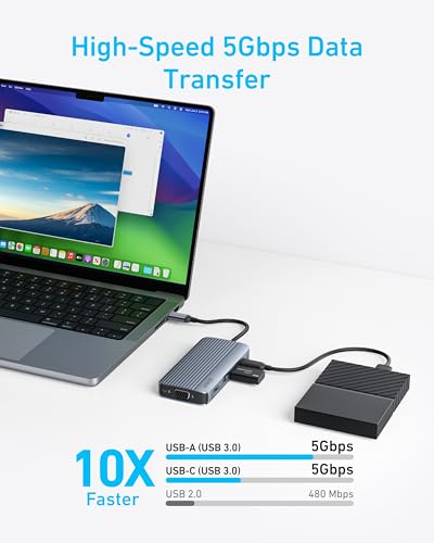 Anker 8-in-1 USB-C Hub, USB C Docking Station Triple Display Multi-Port Dongle with 2 HDMI and VGA, 5Gbps Data Transfers, USB Ports for MacBook Air/Pro, Dell XPS, iPad Pro, and More | USB-A and USB-C Ports with 5Gbps Data Transfer, Compatible with MacBook