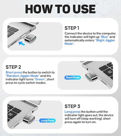 USB Mouse Mover with Switch Button, Automatic Mini Mouse Shaker with 2 Jiggle Modes, Driver-Free, Plug & Play, Keep Computer/Laptop Awake, USB-C Adapter, Silver - color: Silver