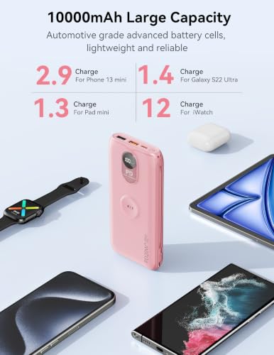 Portable Charger 10000mAh 20W, Wall Plug, 2 Cables, iWatch Charging | Digital Display, Compact Lightweight, USB C Fast Charge, USB-A 18W, Multi Protection, Travel Essential, for iPhone 17 16, Pad - color: Bloom Pink
