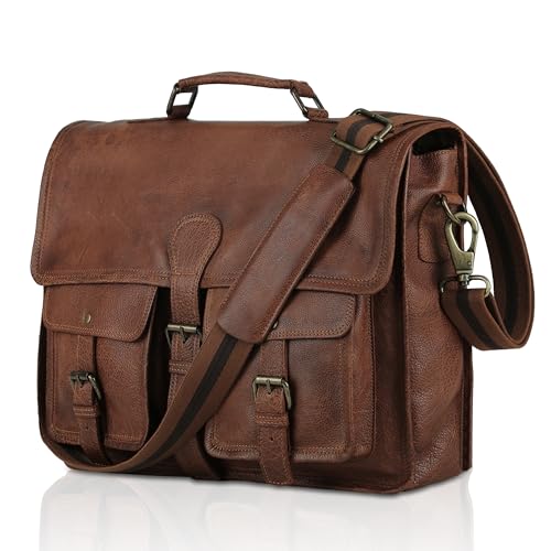 Leather briefcase 18 inch laptop messenger bag for men and women best satchel office bag - color: Tan, size: 16 inch