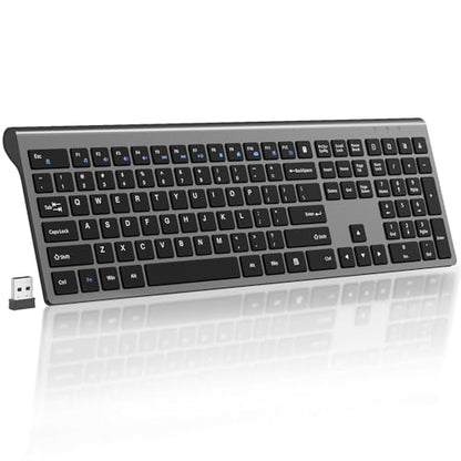 2.4G Slim Silent Wireless Full Size Keyboard Iron Grey | Ultra-thin scissor switch, num keypad & calculator key, quiet typing, 2.4G wireless for Windows, Mac, PC & laptop