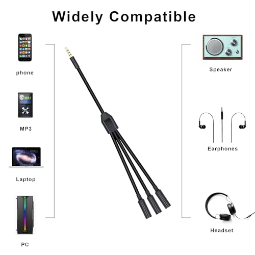3.5mm Headphone Splitter 1 to 3-Ways 3.5mm (1/8") TRRS 4-Pole Gold Plated Male to 3-Female Stereo Jack Splitter Audio Cable for Headphone and Microphones(50cm/20in)