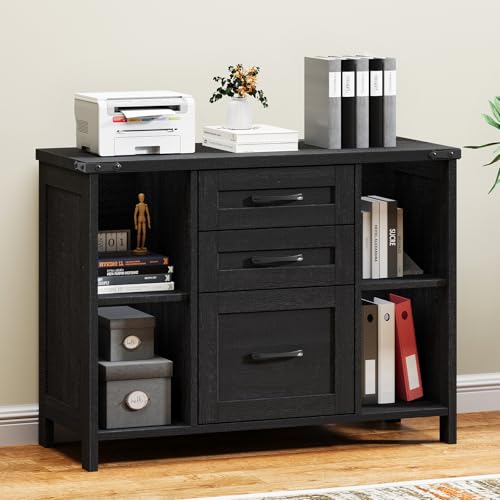 Farmhouse Lateral File Cabinet with 3 Drawers and Shelves, Rustic Black | Halitaa Lateral Filing Cabinet Fits Letter or A4 Size, Wood Printer Stand with Open Storage Adjustable Shelf for Home Office - color: Black