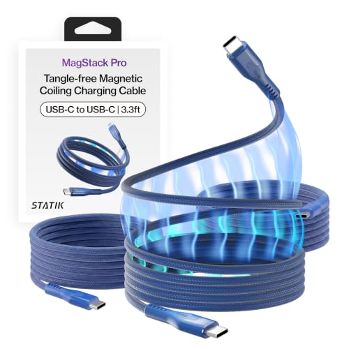 Statik MagStack Pro USB C to USB C Coiling Magnetic Charging Cable,100W | Nylon Braided Tangle-Free Design, Magnetic Coiling, Data Transfer, Compatible with iPhone & Android, 3FT Navy, 3 Pack - color: Navy, size: 3ft (3 Pack), style: USB-C to USB-C