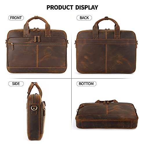 Jack&Chris Full Grain Leather Briefcase for Men, Business Messenger Bag Laptop Bag Attache Case, Fits 15.6 Inch Laptop - color: Brown-15.6inch