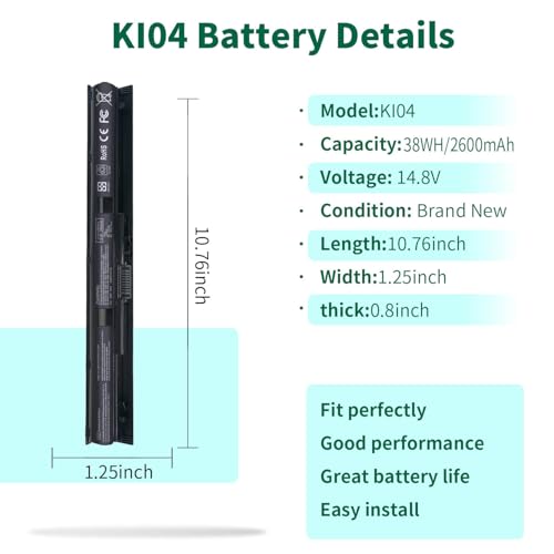 800049-001 KI04 Notebook Battery for HP Pavilion 15-ab 15-an 17-g 15t-ab100 | 17t-g100 17t-s100 cto Series 15-ab143cl 15-ab223cl 15-ab153nr 15-an044nr 14-ab166us 17-ab220nr 17-g133cl 800009-421 TPN-Q158 - size: 10.76*1.25*0.8inch KI04
