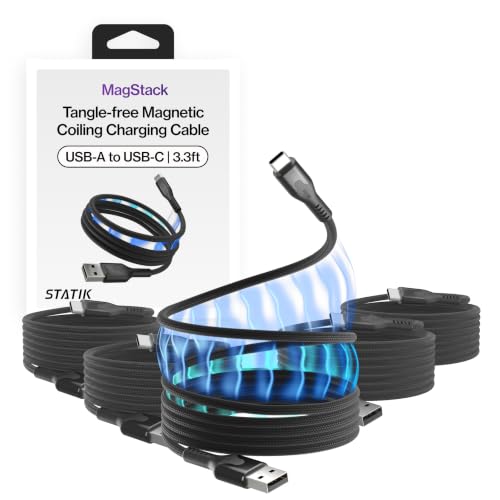 Statik MagStack USB A to USB C Coiling Magnetic Charging Cable, 27W | Nylon Braided Tangle-Free Design, Magnetic Coiling, Data Transfer, Compatible with iPhone & Android, 3FT Black, 5 Pack - color: Black, size: 3ft (5 Pack), style: USB-A to USB-C