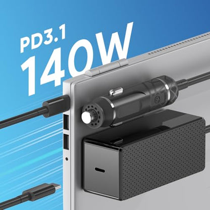 HKY Laptop Car Charger 140W 130W 100W 96W 90W 87W 67W 61W USB-C Power Adapter PD3.1 12-24V DC Adapter for MacBook Pro 16/15/14/13 Inch,MacBook Air 15" 13" M1 M2,iPad Pro,Dell,Lenovo,HP,Asus and More