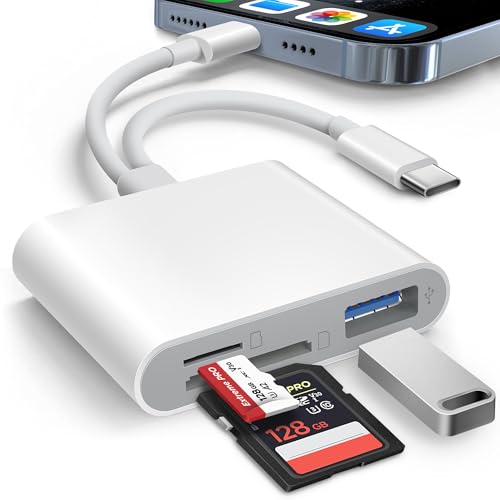 AkHolz SD Card Reader for iPhone iPad Built-in Dual Cords (Lightening, USB-C) Card Reader with SD MicroSD USB-A 3 Slots Trail Camera Memory Card Viewer Portable No App Required Plug and Play - White - size: Dual built-in cords (Lightening&USB-C)