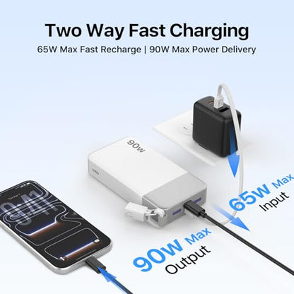 NOBIS Portable Charger 20000mAh 90W Power Bank w/Detachable Cable | 2C+2A USB-C Fast Charging Battery Pack with LED Display,Battery Bank for Laptops, Tablets, Phones and Steam Deck - color: White