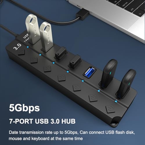7-Port USB 3.0 USB-Hub with Individual On/Off Switches, High Speed USB Splitter, for Laptop PC Computer and USB Peripherals