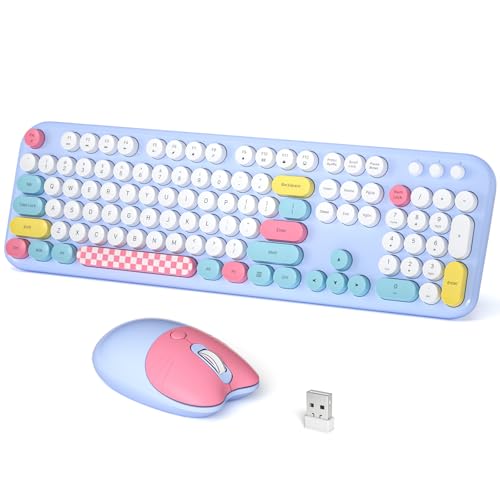 Wireless Keyboard and Mouse Combo, Meidosa 2.4GHz Colorful Full-Size Retro Typewriter Keyboard with Cat Shape 3 Level Adjustable Optical Mouse for PC/Desktop/Laptop/Windows (Pale Blue Colorful) - color: Blue Mix