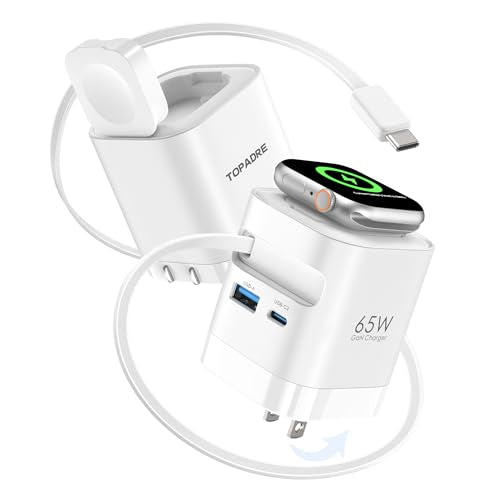 TOPADRE for Apple Watch Charger 65W, 70cm USB-C Retractable Cable | Wall Charger with Foldable Plug, PD PPS Fast Charging Block for iPhone17/16/15/14, iPad, MacBook, Galaxy and Android Devices
