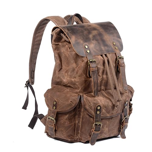 WUDON Leather Backpack for Men, Waxed Canvas Shoulder Rucksack Carry-On Travel Backpack - color: Coffee-regular
