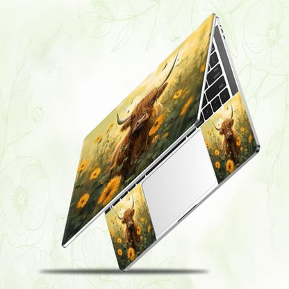 Laptop Skin Sticker Decal, Universal Reusable Vinyl Laptop Cover for 12" 13" 13.3" 14" 15" 15.4" 15.6" Notebook PC, Reusable Waterproof Scratch-Resistant with 2 Wrist Pads,Art Highland Cow Flowers - color: Art Highland Cow Flowers
