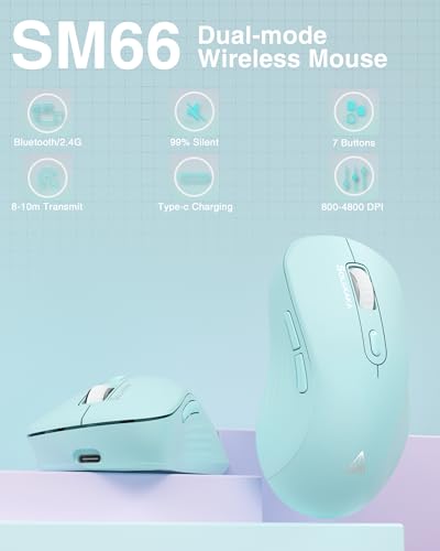 SOLAKAKA SM66 Green Silent Dual Mode Wireless Mouse for Laptop, Adjustable 4800 DPI,Rechargeable Computer Mouse for Bluetooth and Wireless Connection - color: green