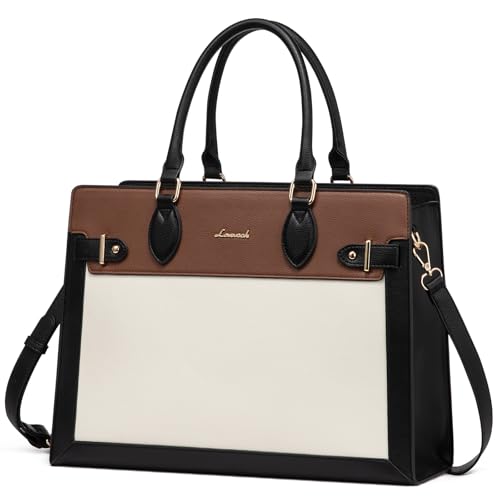LOVEVOOK Laptop Bag for Women 15.6 Inch Work Tote, Business Computer Briefcase, Waterproof PU Leather Tote Bag for Teacher, Office Shoulder Tote Purse - color: Black-white-brown, size: 15.6 Inch