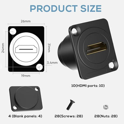 14PCS HDMI Panel Mount Coupler and Panel-Mount Blank Plate Set， HDMI D-Type Pass Through Connector, Female to Female 4K Adapter, Bulkhead Extension 4K 60hz 3D and HDR with Cap
