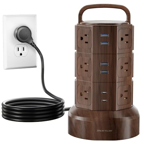 JACKYLED Power Strip Tower Surge Protector, 12 AC 6 USB (2 USB C), 1050J | 6.5Ft Retractable Extension Cord with Multiple Outlets, 1625W/13A Outlet Extender, USB Charging Station for Home Office Dorm - color: Walnut and Black, size: Medium-6.5ft