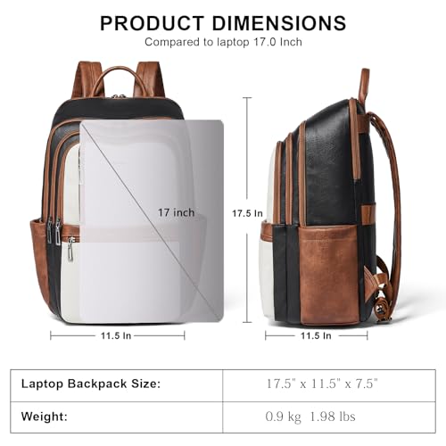 Leather 17 inch Laptop Backpack for Women, Large Travel Backpack Purse for Casual Daypack College Work Bag - color: Black With Brown and White