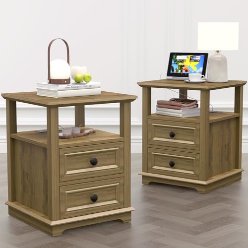 18" Wide End Table with Charging Station Set of 2, Fast Charge End Table Set of 2, Large 18” Bedside Table with Drawers, Storage Cabinet with Open Shelf for Bedroom, Natural - color: Light Brown, size: 1 Set