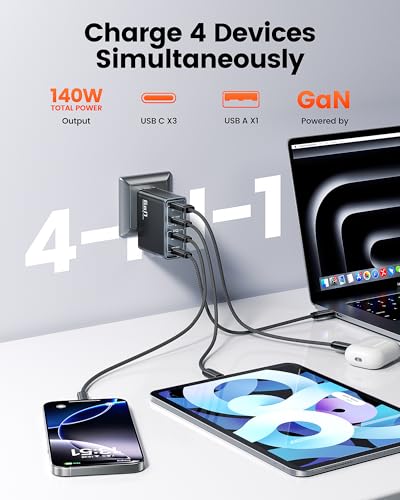 Toocki 140W USB C Charger Block, 4-Port GaN Fast Charging Foldable Compact Wall Charger for MacBook Pro/Air, iPhone 16 Pro Max, iPad Pro, Galaxy S24/Ultra, Steam Deck, Google Pixelbook