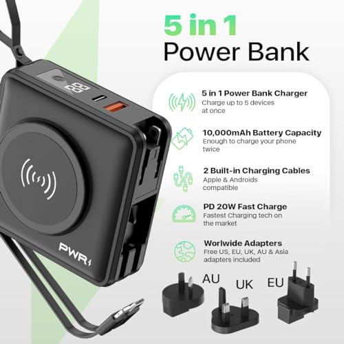 PWRMobile PWR Travel PRO 5-in-1 Power Bank with Case Included – 10,000mAh with Built-in Cables – 20W USB-C + 15W Wireless Charging – Compact Portable Charger for iPhone & Android- Black - color: Black with Black Case