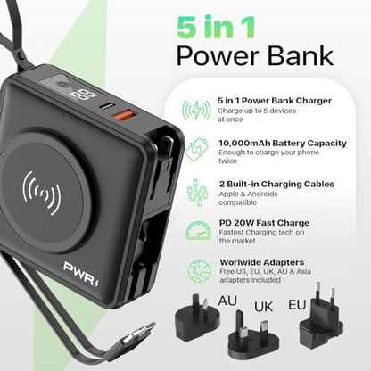 PWRMobile PWR Travel PRO 5-in-1 Power Bank with Case Included – 10,000mAh with Built-in Cables – 20W USB-C + 15W Wireless Charging – Compact Portable Charger for iPhone & Android- Black - color: Black with Black Case