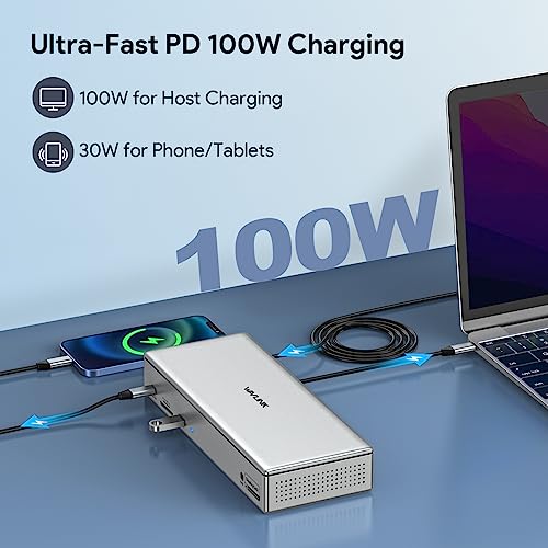 WAVLINK DisplayLink Laptop Docking Station Quad Monitor 4K@60Hz for MacBook | 100W PD Charging for Laptop with Thunderbolt 5/4/3, USB-C/A - M1-M5 Mac/Neo/Windows- 4 HDMI, 4 DP, SD 4.0, 2.5Gbps LAN - color: Silver