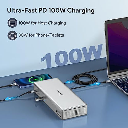 WAVLINK DisplayLink Laptop Docking Station Quad Monitor 4K@60Hz for MacBook | 100W PD Charging for Laptop with Thunderbolt 5/4/3, USB-C/A - M1-M5 Mac/Neo/Windows- 4 HDMI, 4 DP, SD 4.0, 2.5Gbps LAN - color: Silver