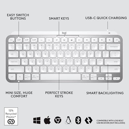 Logitech MX Keys Mini Minimalist Wireless Illuminated Keyboard - Pale Gray | Minimalist, illuminated, compact, backlit, USB-C, compatible with iOS, Windows, Linux, Android, metal build - color: Pale Grey, style: MX Keys Mini