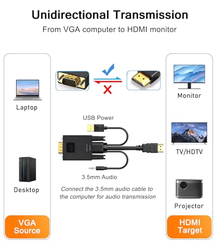 VGA to HDMI Adapter Cable 6FT, VGA (Source) to HDMI (Display) Cable with Audio & USB Power, 1080P@60Hz Display Cord from Desktop PC Laptop to TV Monitor Projector